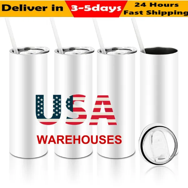 US VOORRAAD 20oz Sublimatie Tuimelaars Rechte Tumbler Met Rietjes deksels En Coaster Roestvrij Staal Draagbare Outdoor Mokken Auto Cups SS1103