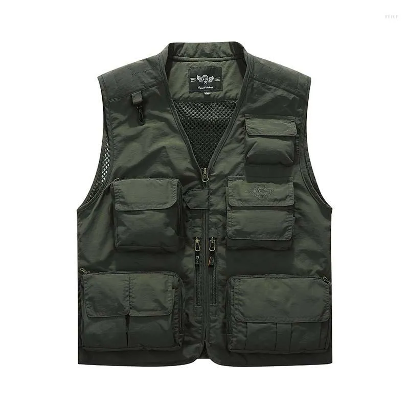 Chalecos de hombre Chaleco de malla de moda de primavera y verano con muchos bolsillos Chaleco informal de hombre con cuello levantado Chaquetas militares tácticas sin mangas OUTWEAR