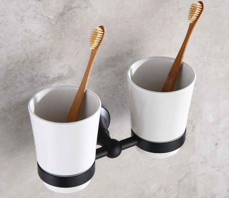 Badezubehör -Set Wandmontiertes schwarzes Öl gerieben Messing Badezimmer Zahnbürstenhalter Dual Keramik Cup Mba859