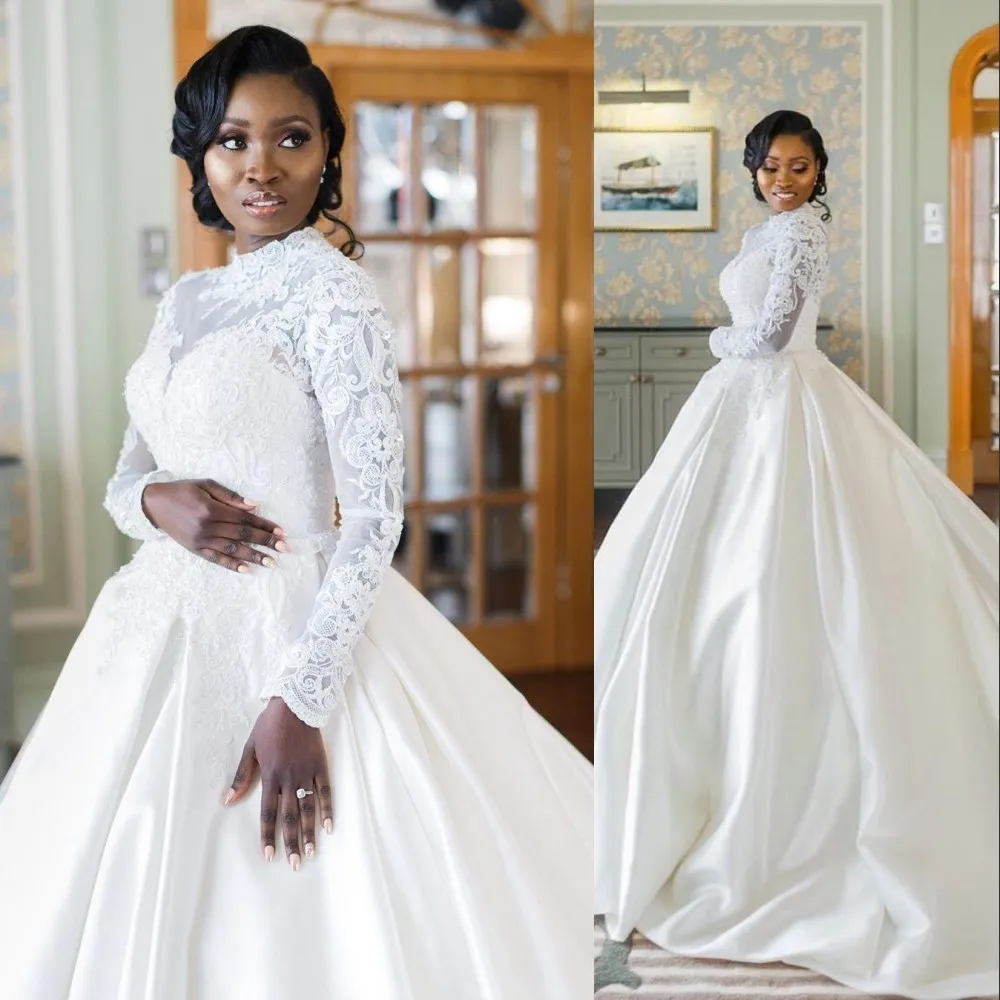 Vintage Ball Gown Wedding Gowns High Neck Dubai Arabia Lace Appliques Crystal Beads Long Sleeves Plus Size Bridal Party Dresses Robe De Marriage Button Back 403