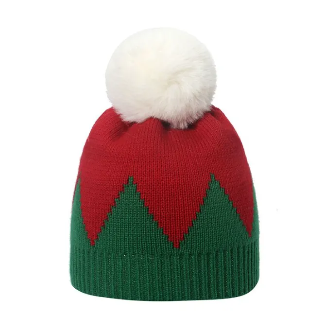 Chapeau en laine cousu rouge et vert pour femme, tricoté, de vacances, de noël, nouvelle collection hiver