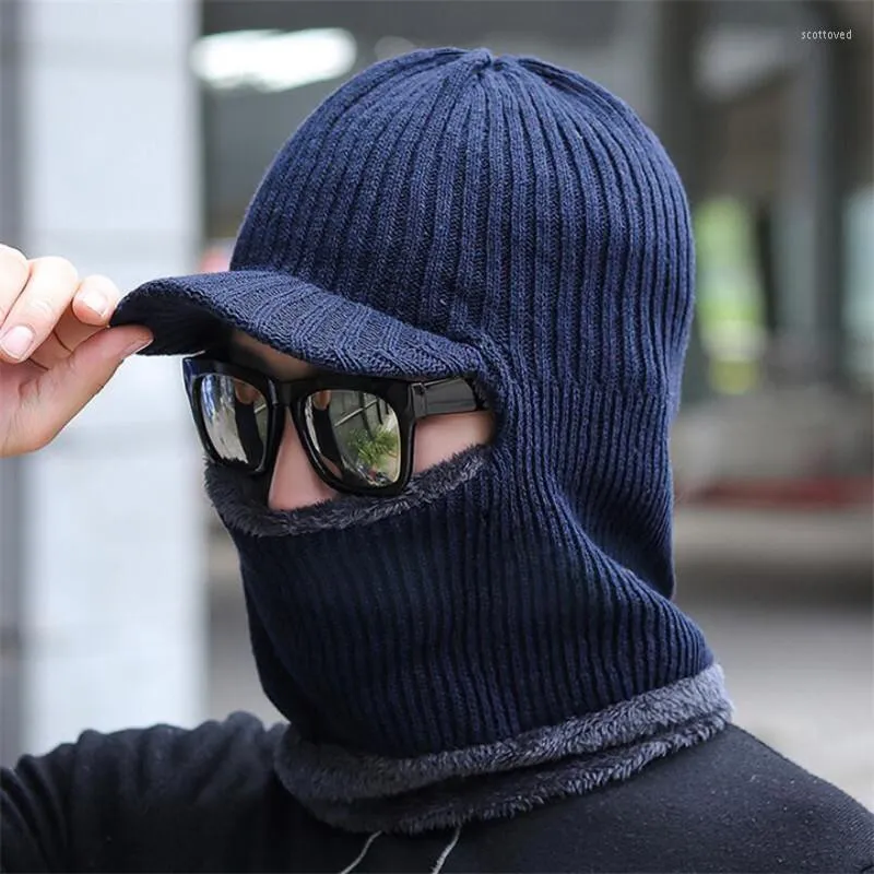 Berets Winter Knit Hat Scarf Set Men Women Warm Plush Hooded With Brim Male Visor Beanies Adult Solid Cap Ring Scarves