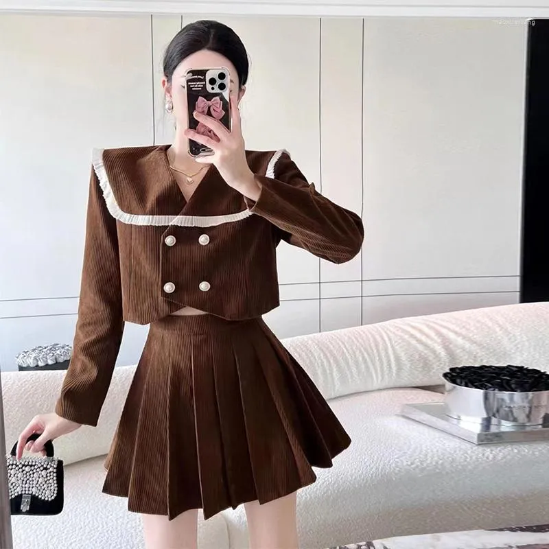 Casual Dresses Small Sweet Wind Hitting Scene And Women Suits Lapel Double-breasted Two-piece Pleated Bust Skirt Brim Dress