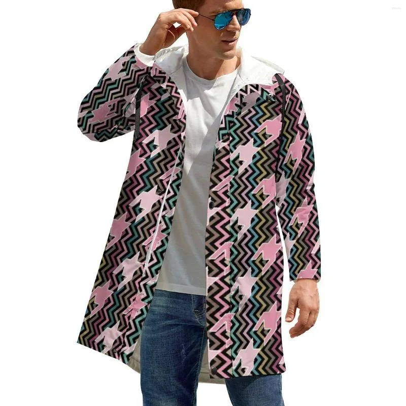 Heren Trench Coats Pink Houndstooth Windschepen Mannelijke kunst Lang rechte Koreaanse mode Graphic Winter Jackets Casual waterdichte 5xl 6xl