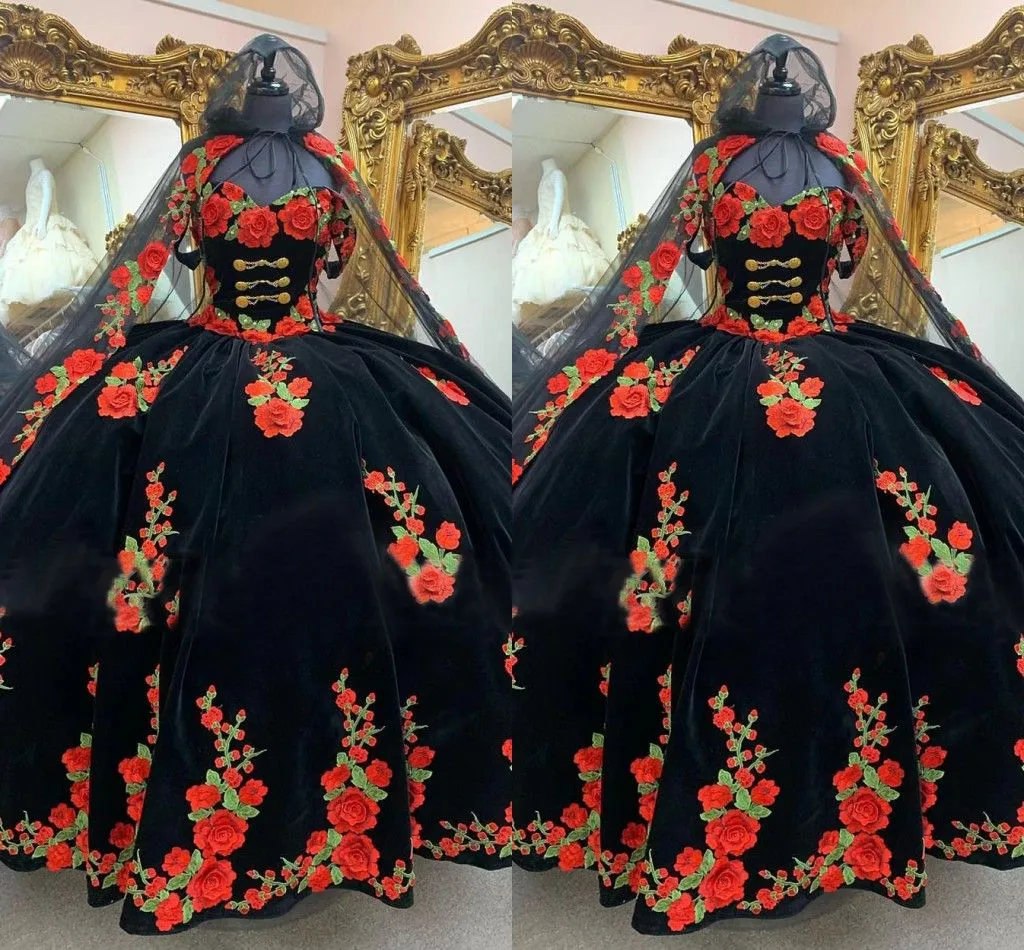 2023 Black and Red Floral Quinceanera Robes Applique Codel Coldage Colaire Sweet 16 Birthday Prom Prom Formel Evening Wear Vestidos 403 403