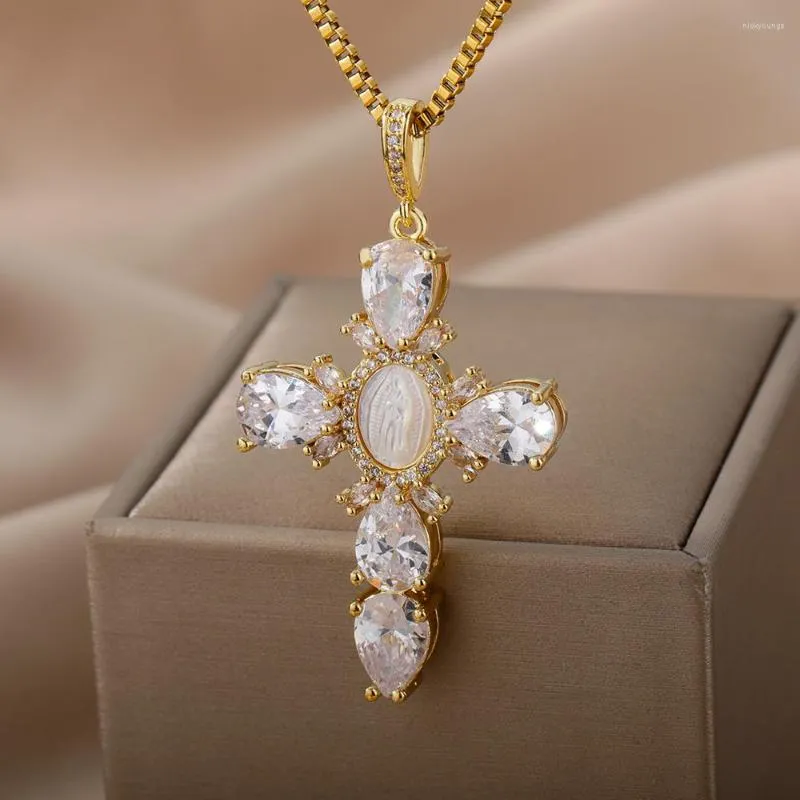 Chains Luxury White Crystal Zircon Cross Necklace For Women Choker Charm Virgin Mary Pendant Box Chain Female Jewelry Collier Femme