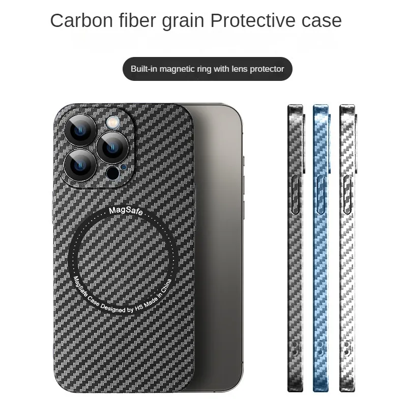 Carbon Fiber Magnetic Phone Cases For iphone 14 Plus 13 12 Pro Max With Lens Film PC Skin Cover Anti-Fall Hard Shell Shockproof