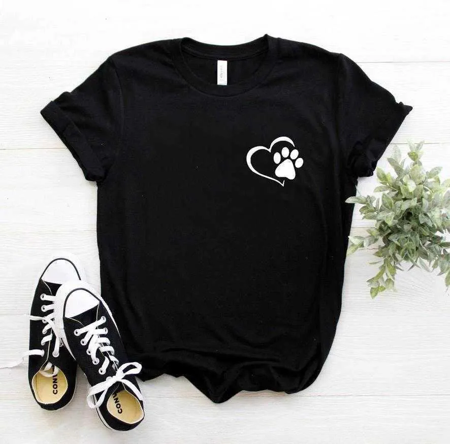 Paw Heart Pocket Tee Dog Cat Women Casual Funny T Shirt For Lady Girl Top Hipster