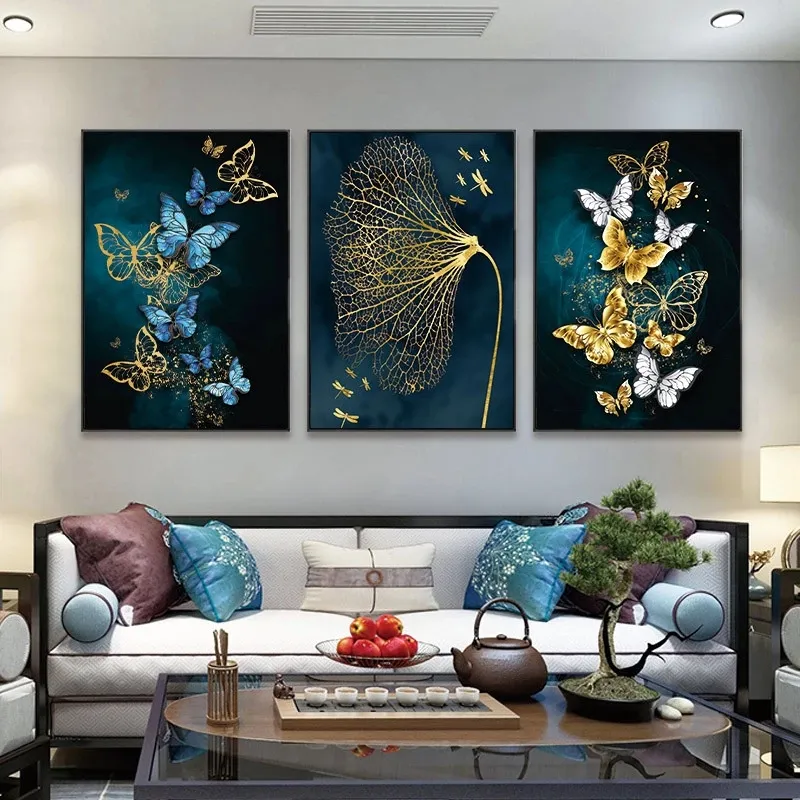 Pintura en lienzo Nórdico Oro Azul Mariposa Hoja Dorada Imagen Póster de pared Estilo moderno Tela Impresión Pintura Arte Pasillo Sala Dormitorio Decoración Unframe