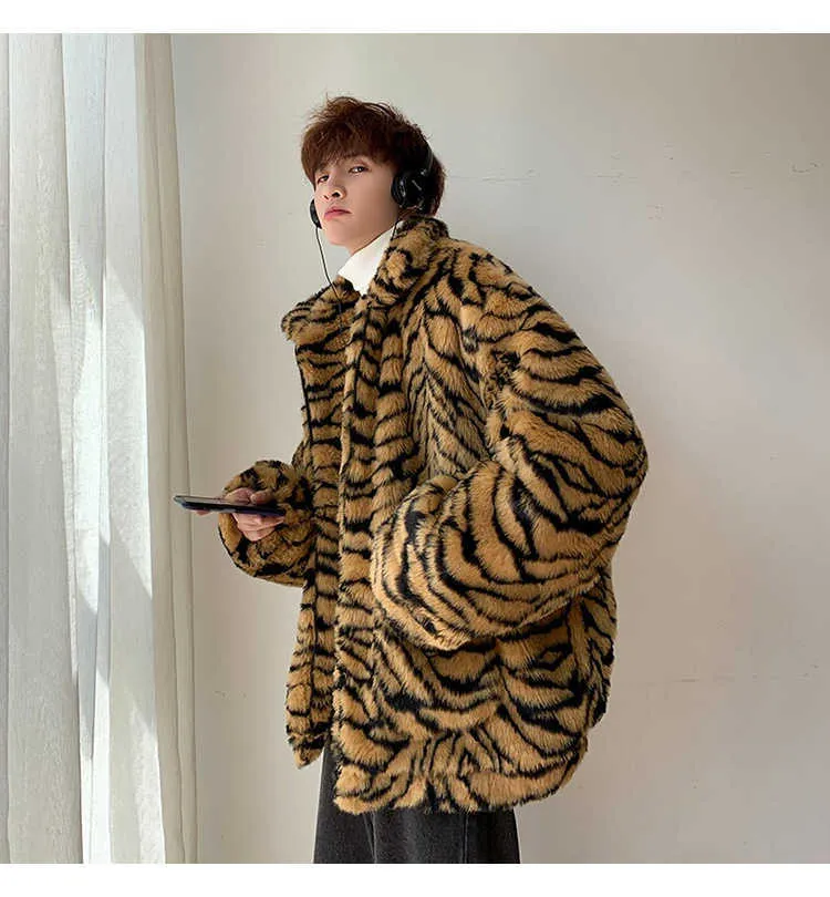 Men's Fur Faux Fur Boys Retro Loose Furry Faux Fur Coat Male Tiger Stripe Leopard Print Harajuku Style Jacket Oversize Man Casual Winter Outerwear T221102