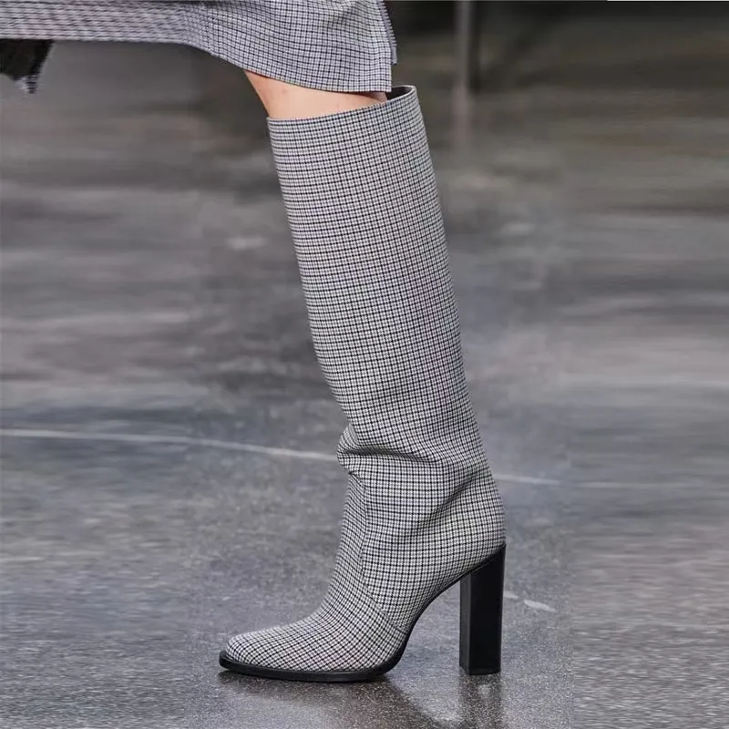 Knee Boots Grey High Heel Booties Cutout Knee-high Jacquard Logo