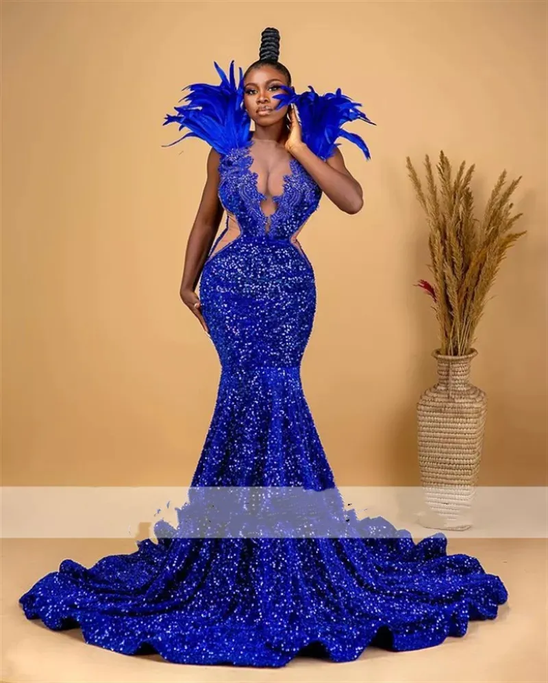 Robe De Bal De Sirène Bleu Royal Scintillant 2023 Perles De Cou Transparentes Plumes Paillettes Plus La Taille Robes De Fête D'anniversaire Africaines Robe De Bal