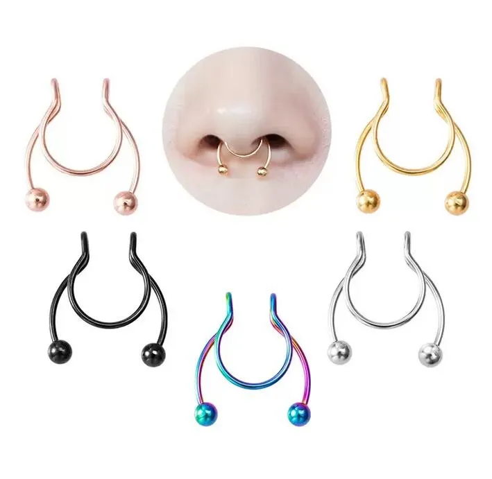 N￤sring falsk septum piercing rostfritt st￥l klipp b￥ge n￤sringar guld stud sexig f￶r kvinnor icke genomborrade kropp smycken grossist