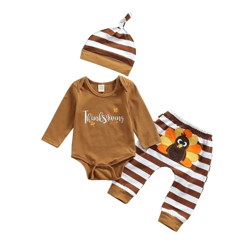 Giyim setleri -07-02 lioraitiin 0-18m bebek kız bebek erkek 3pcs Şükran Günü kıyafetleri uzun kollu mektup yazdırma romper hindi pantolon şapka 221103