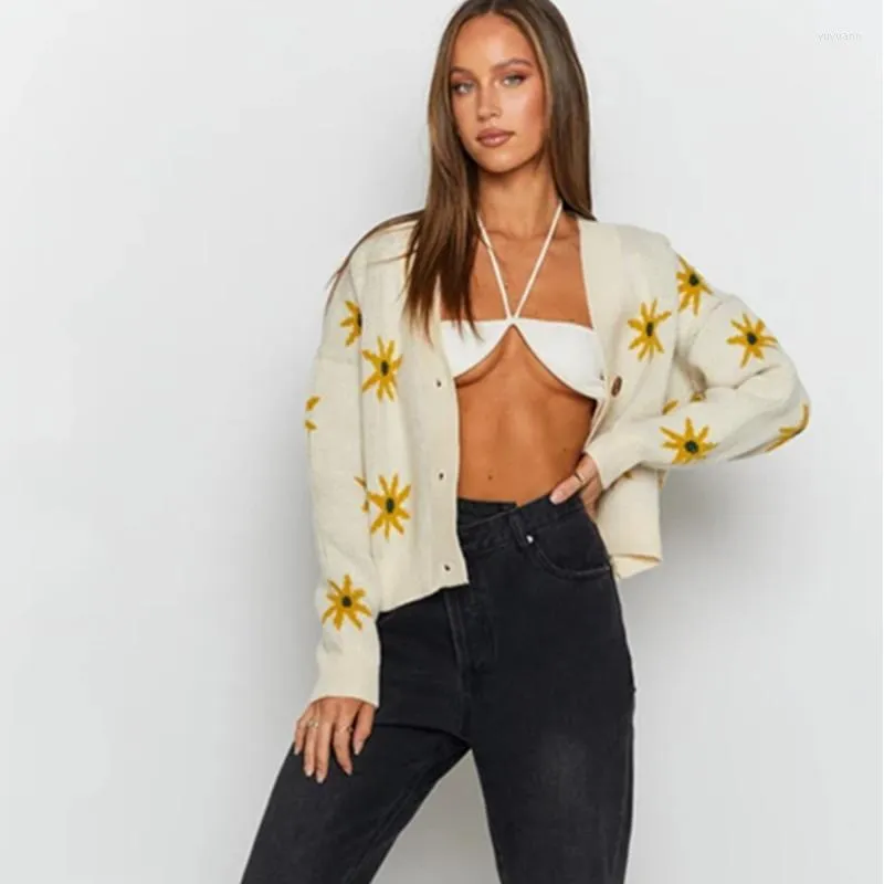 Women's Knits Knitted Crop Cardigan Women Long Sleeve Knitwear Ladies Dropped Shoulder Single-breasted Floral Coat Vintage Sweater