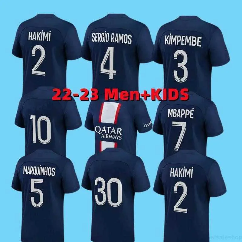 Player 30 10 Mbappe 7 Hakimi Sergio Ramos Wijnaldum PSGS Soccer Jerseys 21 22 23 Maillots Football Shirt 2021 2022 2023 Men Kids Kit Sets
