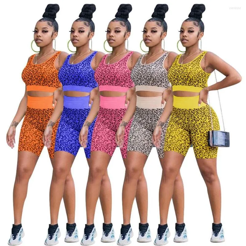 Survêtements pour femmes Casual Leopard Print Sporty Fitness Deux pièces Ensemble Femmes Loungewear Sans Manches Débardeur Top Biker Shorts Assortis