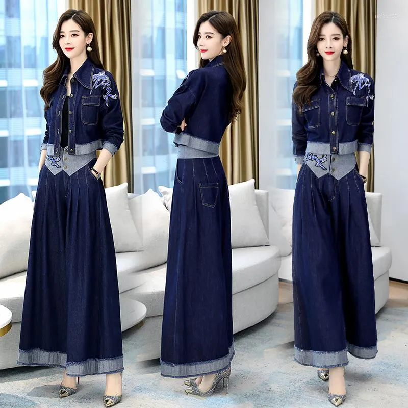 Damen Zweiteilige Hosen 2 Stück Tweed Frauen Elegante Denim Jeans Blau Anzug Set OL Dame Arbeit Büro Tragen Kurze Jacke Mantel Breites Bein