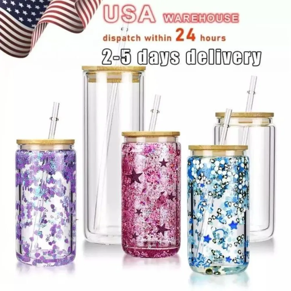 Clear Sublimation Mugs US Warehouse 12OZ 16OZ 25OZ Tumblers Double Wall Glass Tumbler Glitter DIY Snow Globe Blank Can with Bamboo Lids Beer Juice Glasses Cup