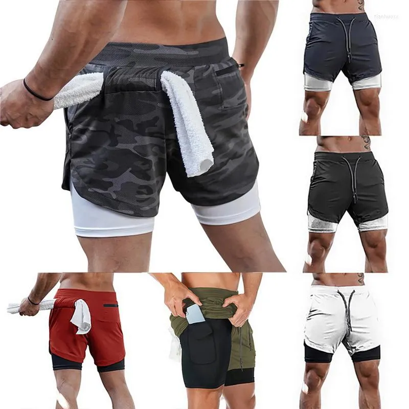 Roupas de academia, shorts esportivos masculinos 2 em 1, deck duplo, com laço para toalha e bolso para telefone, treino de corrida