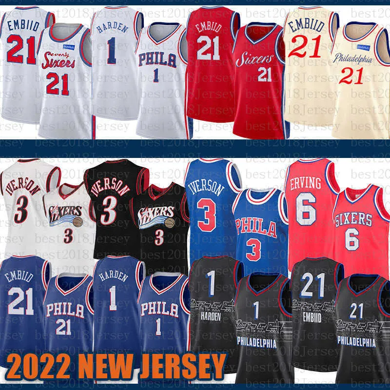 남자 2022 New James 1 Harden Basketball Jerseys Joel 21 Embiid Allen 3 Iverson Julius 6 Erving Yellow