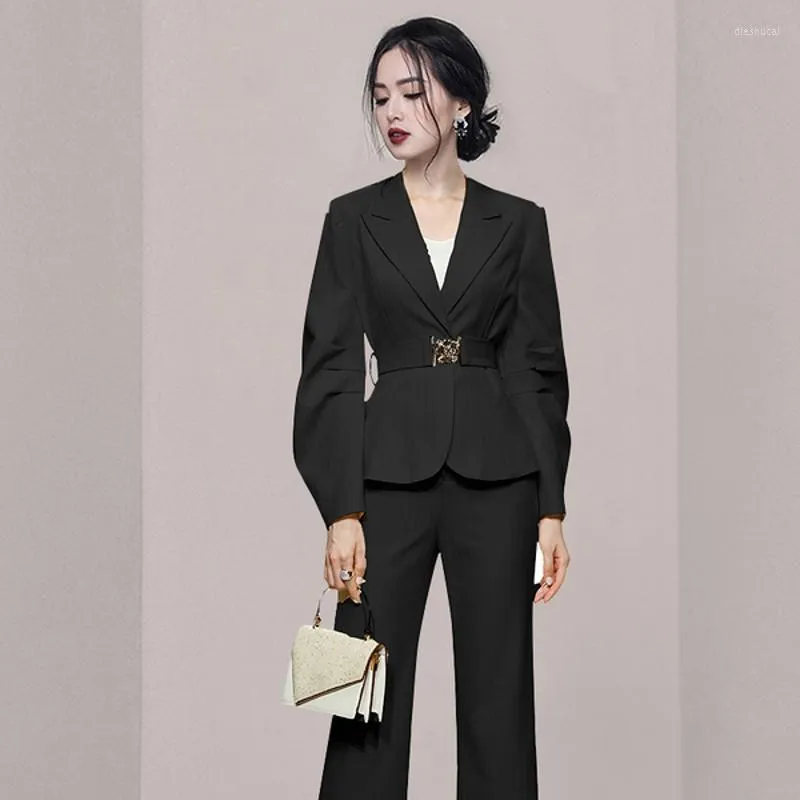 Kvinnors tv￥bitar byxor Kvinnor byxa kostym Black ol Ladies set notched Formal Business Office Unifrom Flare Work Wear Suits kvinnliga