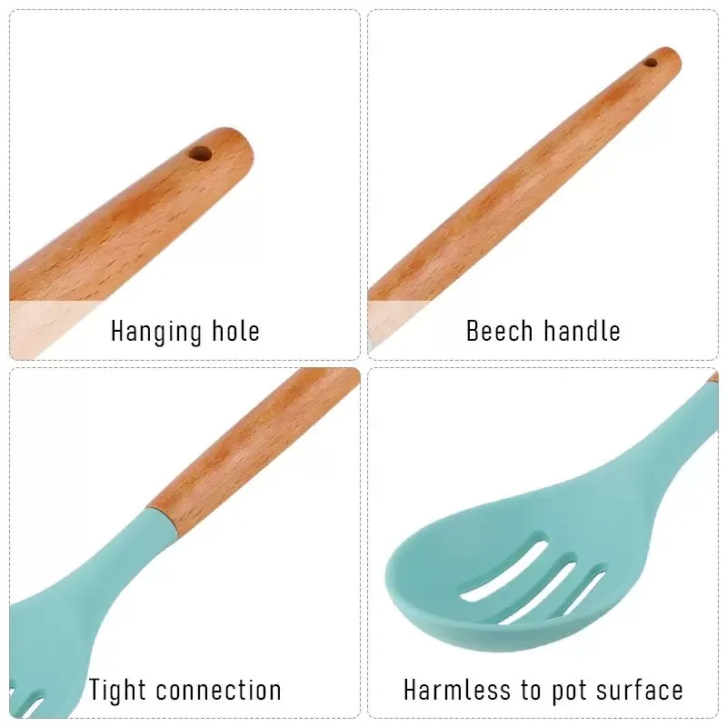 Silicone Kitchen Utensil Set Cooking with Wooden Handles Holder for Nonstick Cookware Spoon Soup Ladle Slotted Whisk Tongs Brush Pasta Server Sea Ship