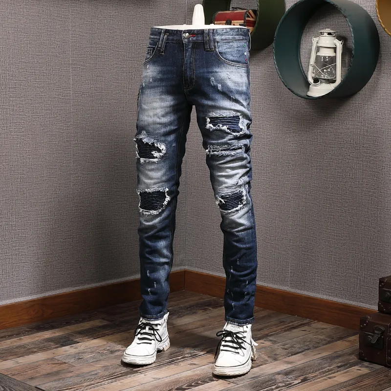 Mens Blue Denim Cowboy Slim Tapered Jeans With Pencil Legs Slim