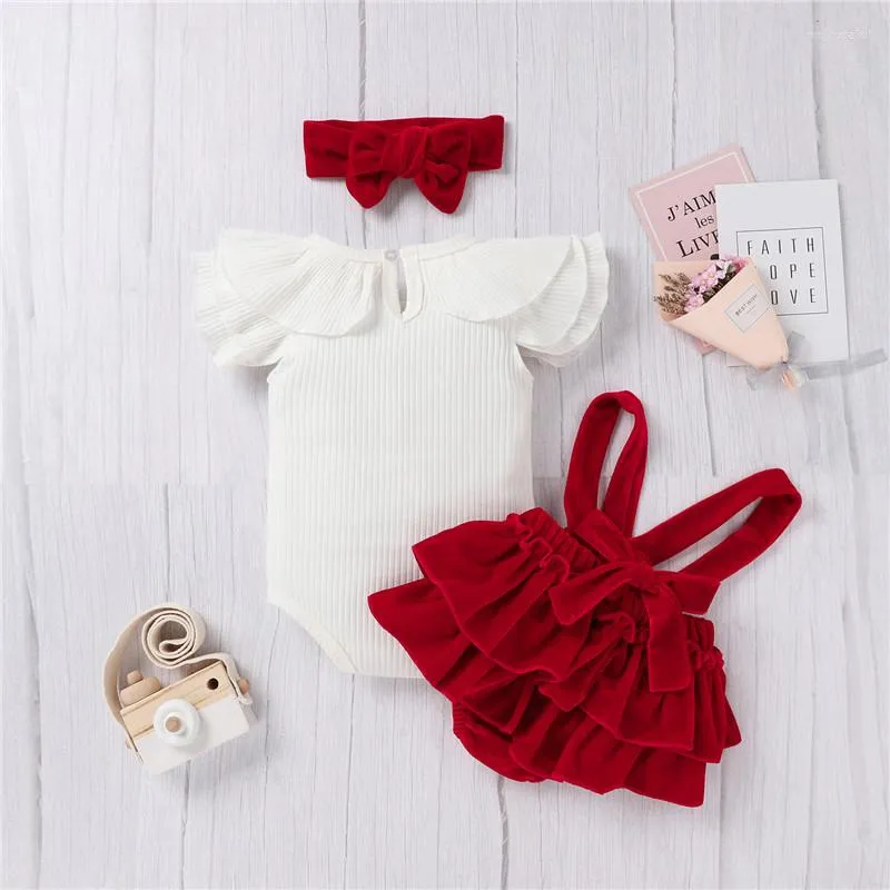 Kl￤dupps￤ttningar Sm￥barn Baby Girl Summer Clothes Suit 3st Ruffled Collar Romper Suspender Culottes Cake kjol Huvudbonad kl￤der