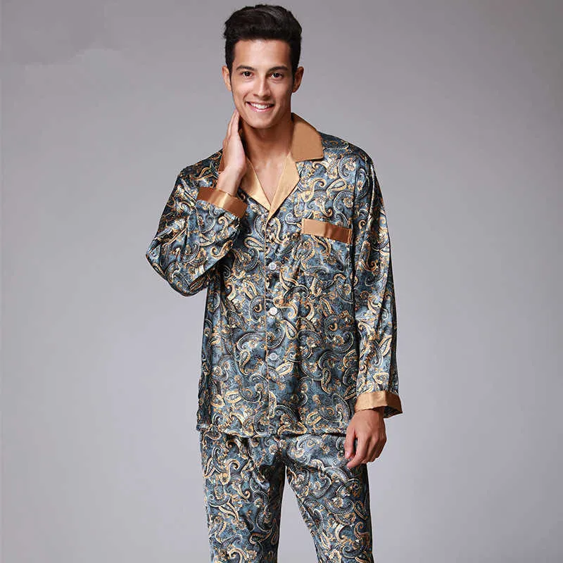 Vêtements de nuit pour hommes Nouveaux pyjamas de luxe hommes motif Paisley vêtements de nuit en soie à manches longues en satin pour hommes pyjamas pour hommes ensemble de pyjamas pour hommes grande taille 4XL T221103