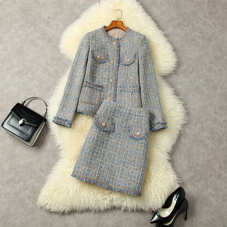 2022 Autumn Gray Contrast Color Two Piece Dress Sets Long Sleeve Round Neck Tweed Single-Breasted Coat & High Waist Tassel Short Skirt Suits Set L2S262242