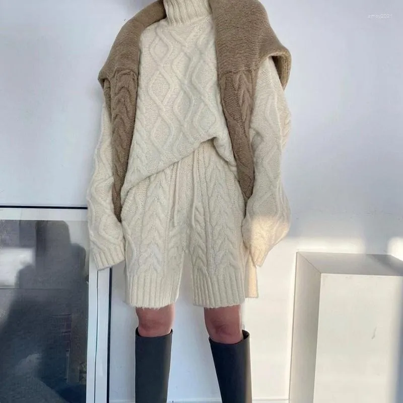 TRABALHOS femininos nomikuma coreano Twisted Knit Sets curtos conjuntos de gola alta com manga comprida Sweater Sweater Lace acima da cintura alta feminina feminina feminina