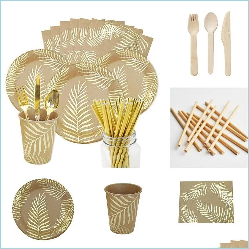 Disposable Dinnerware Disposable Dinnerware Bronzing Palm Leaf Tableware Kraft Paper Plate /Cup Happy Birthday Party Decor Adts Wedd Dhgc7