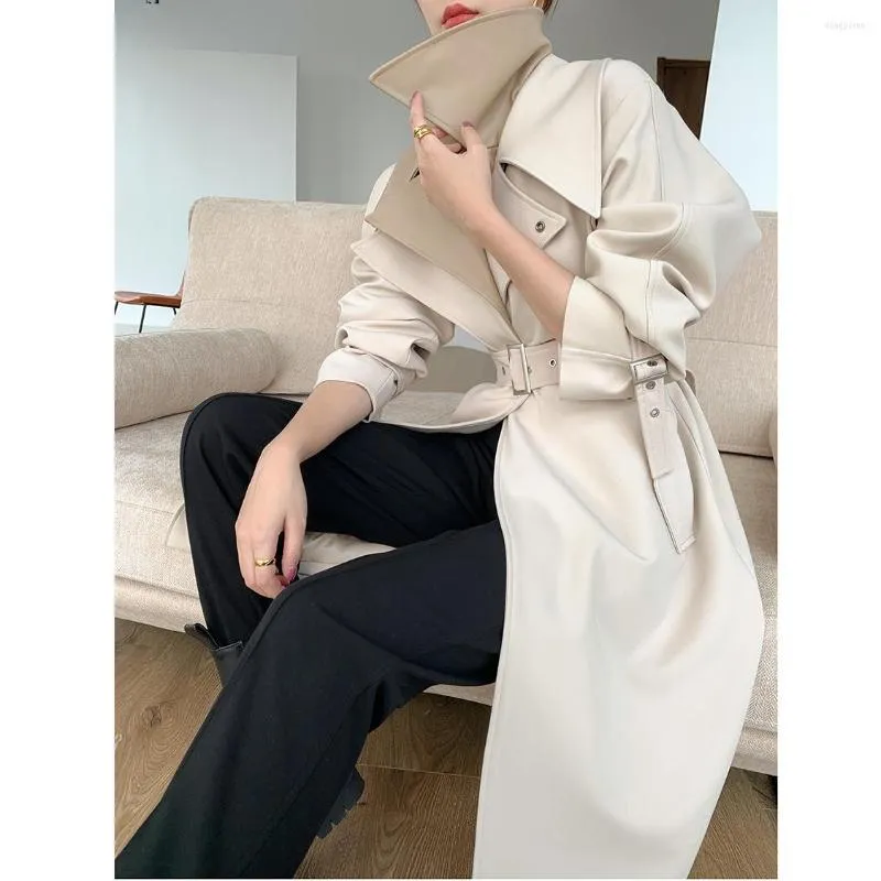 Damesgeuljagen jas vrouwen 2023 Britse stijl herfst riem kalf lengte vrouwelijke overjas bovenkleding hoge kwaliteit hoge kwaliteit