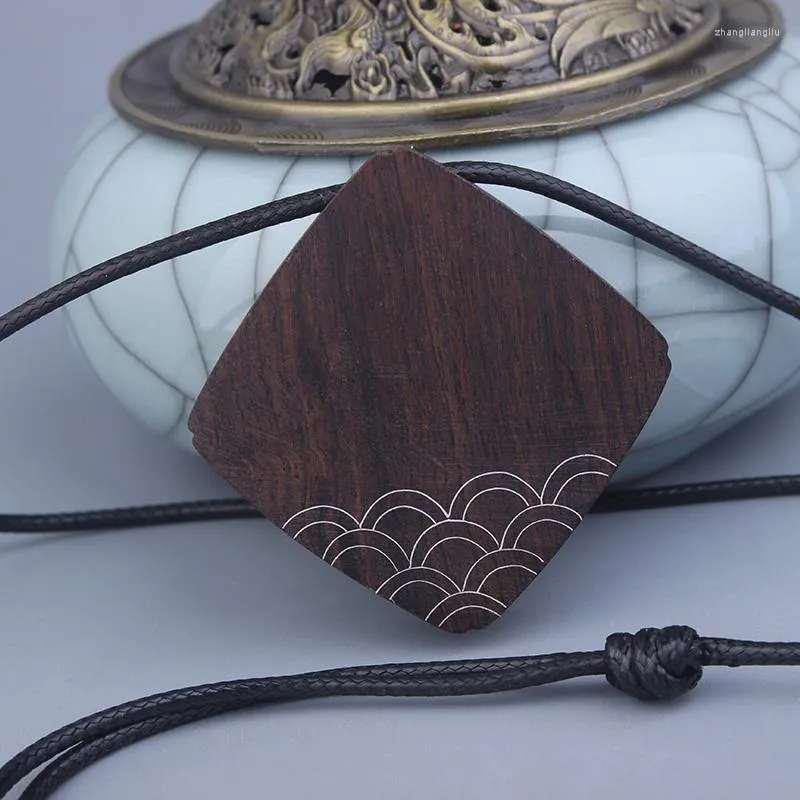 Pendant Necklaces Imboss Insert Wood Ethnic Black Rosewood Necklace Stainless Steel Pattern Auspicious Clouds Carving Vintage