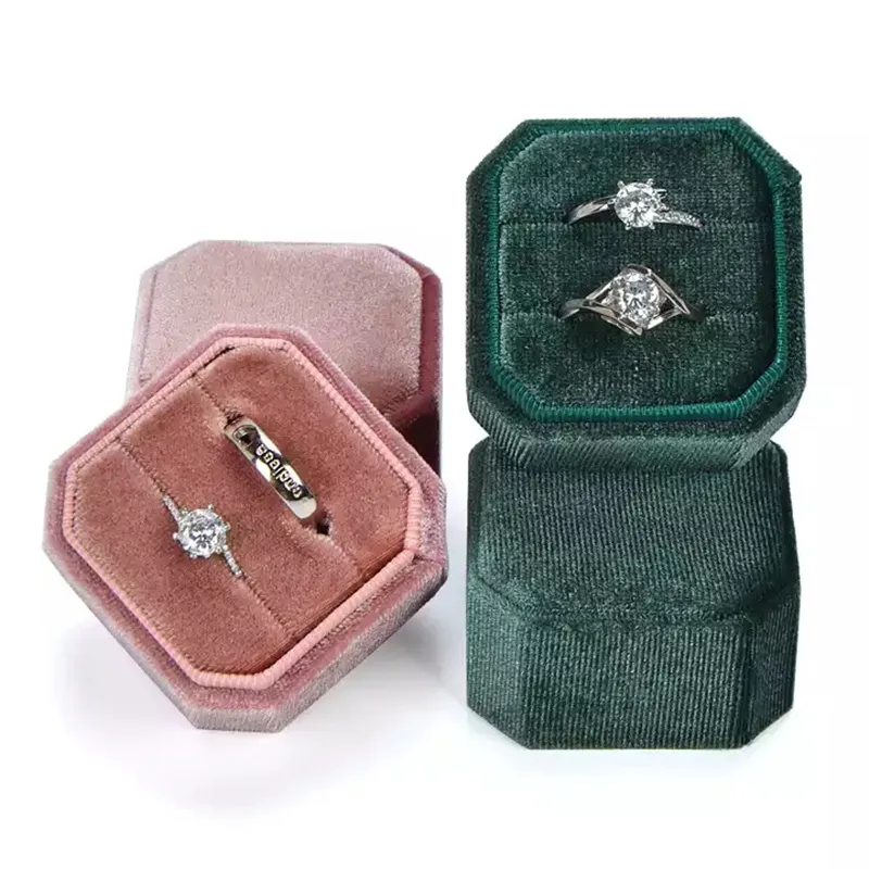 Boîte à bijoux en velours octogonale, boîtes à double anneau, présentoir carré portable, coffret cadeau avec couvercle amovible, conteneur de rangement, étuis pour boucles d'oreilles, emballage