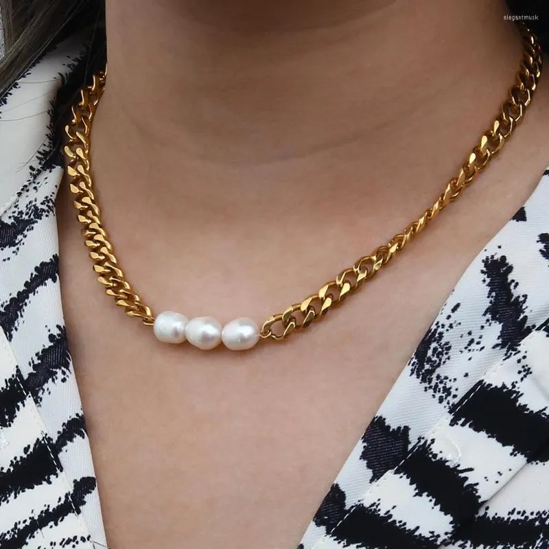 Pendentif Colliers Élégant À La Mode Chaîne Cubaine Chunky Collier De Perles D'eau Douce Pour Femmes En Acier Inoxydable Miami