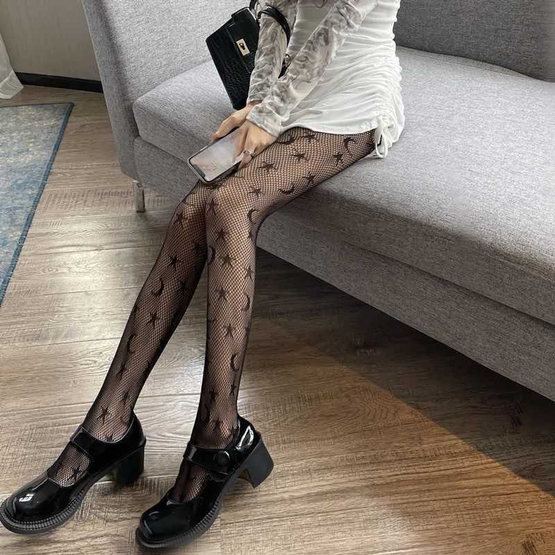 Çoraplar Çorap Yaz İnce Yıldız Ay Fishnet Çorapları Lolita JK Kız Sevimli Tatlı İçi Boş Çıkış Örgü Taytlar Kadın Siyah Lolita Balık Net Külotlu Köpek