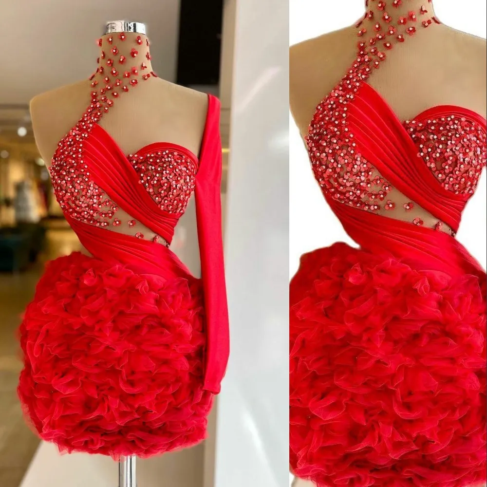 2023 Sexy Cocktail Dresses High Neck Illusion Homecoming Dress Short Mini Red Party One Shoulder Crystal Beads Ruffles Tiered Sheath Graduation Formal Gowns