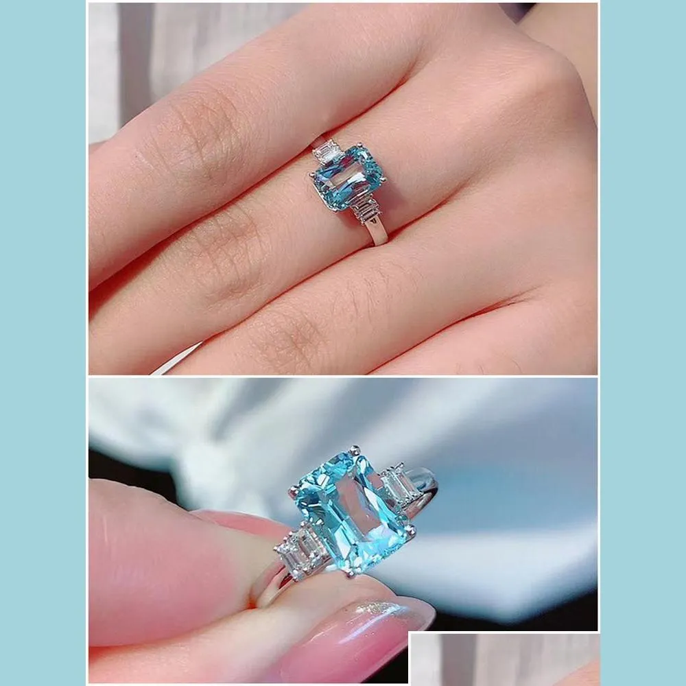 Cluster Rings Cluster Rings Fashion Blue Crystal Aquamarine Topaz Gemstones Diamonds For Women White Gold Sier Color Jewelry Bague B Dhtbg