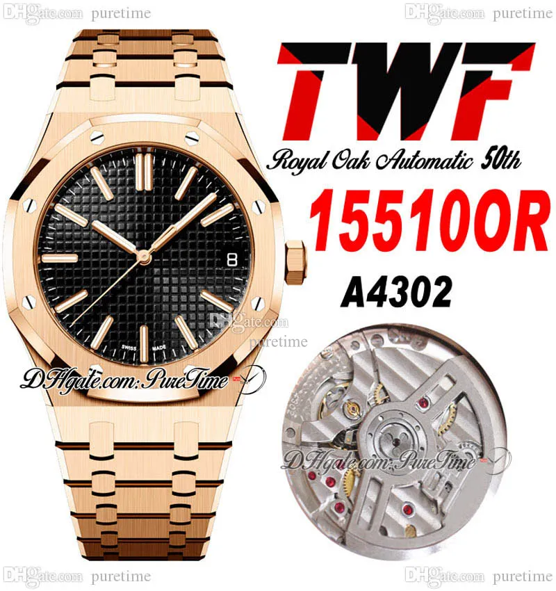 TWF 41mm 1551 A4302 Automatic Mens Watch 50th Anniversary Rose Gold Black Textured Dial Stick Markers Stainless Steel Bracelet Watches Super Edition Puretime E5