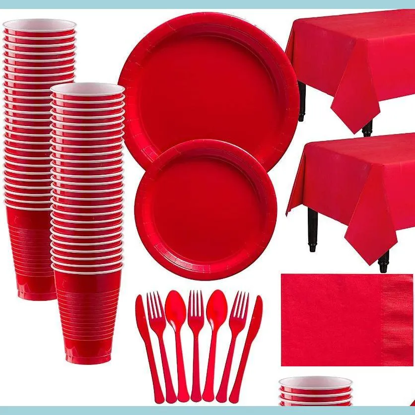 Vaisselle jetable Vaisselle jetable Ensemble de fête rouge Assiette en plastique Tasse Serviette Vaisselle Décoration d'anniversaire Baby Shower Christm Dhrjm