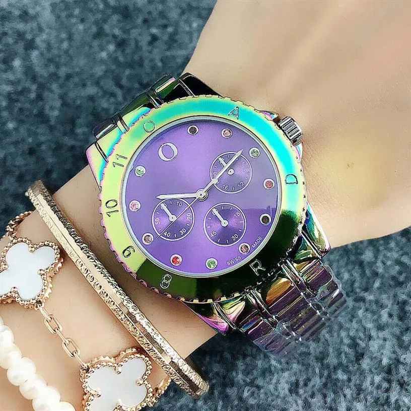 Masowa marka ogląda kolorowy dziewczęta kolorowy kryształowy stalowy zespół kwarcowy zegarek P64226W