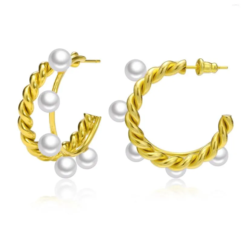 Boucles d'oreilles créoles tempérament simulé perle pour femmes dames bijoux de fête couleur or acier inoxydable torsadé rond Aretes