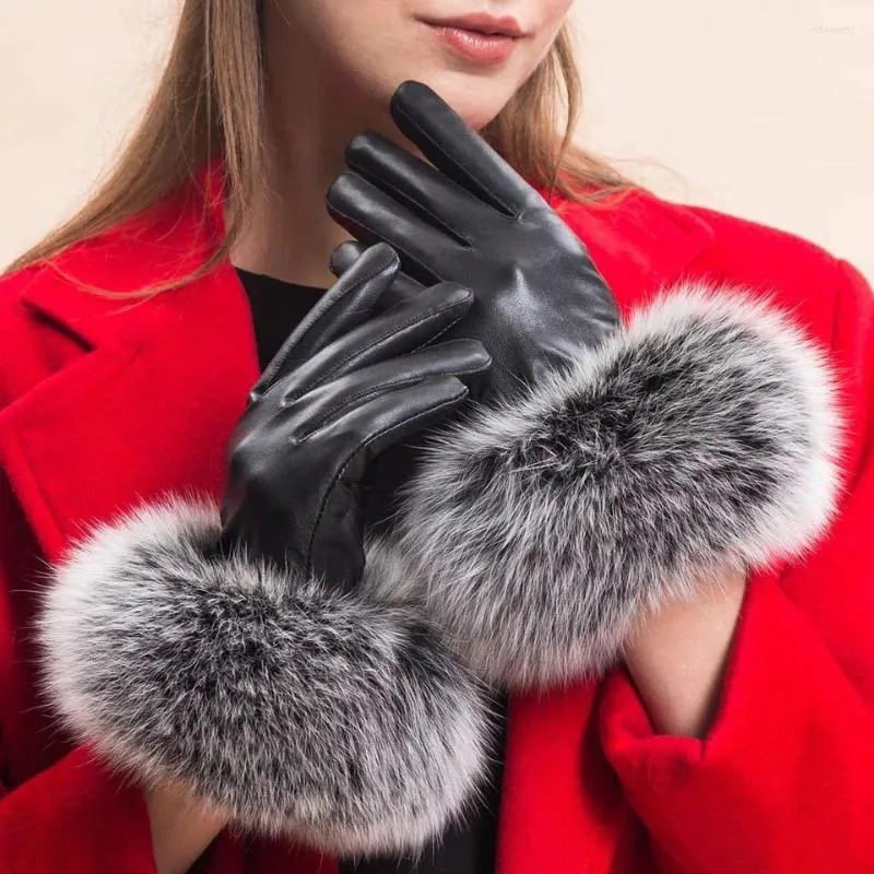 Five Fingers Gloves Real Sheepskin Fur Women's Genuine Leather Glove Winter Warm Fashion Style Natural Fluffy Oversized