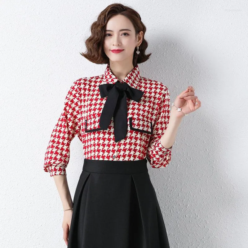 Kvinnor Bluses Women Black Red Houndstooth Shirts Smart Casual Wid Down Collar Long Sleeve Single Breasted Top Ladies Outfits Autumn