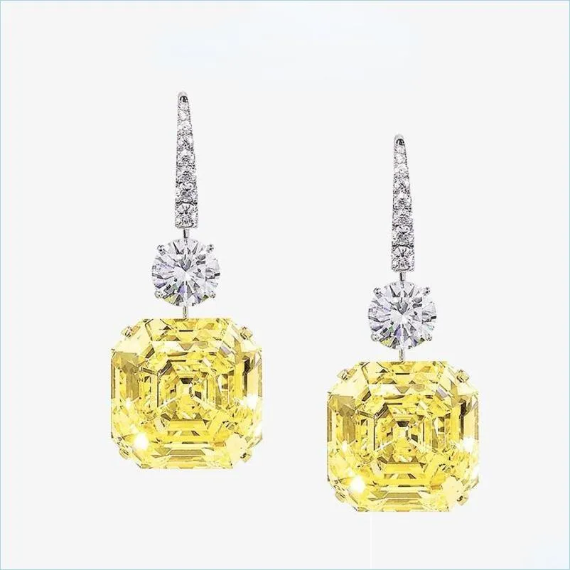 Stud Stud Solid 925 Sterling Sier Asscher Cut 14x14mm skapade Citrine Moissanite Diamond Drop Dangle Women örhängen fina smycken del dhe1v