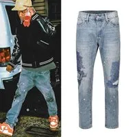 Men`s Jeans Heavy Industry Electric Embroidery Burning Washed Mens And Womens Patchwork Streetwear Harajuku Oversize Denim TrousersMen`s