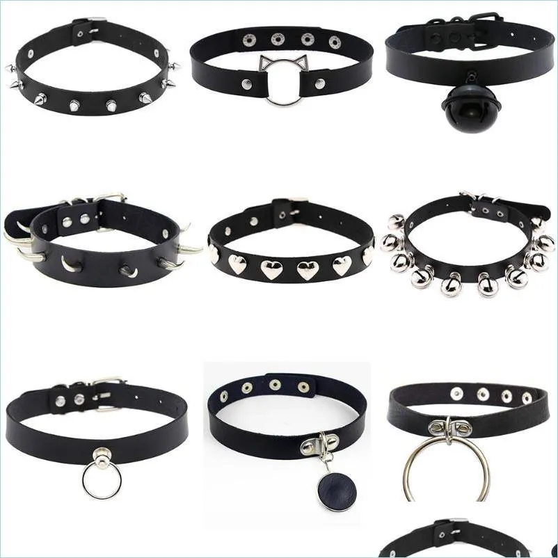 Colliers Punk Pu Cuir Coeur Rond Spike Rivet Clouté Collier Ras Du Cou Gothique Femmes Noir Bijoux Anniversaire Fête Cadeau Chock Dhexk