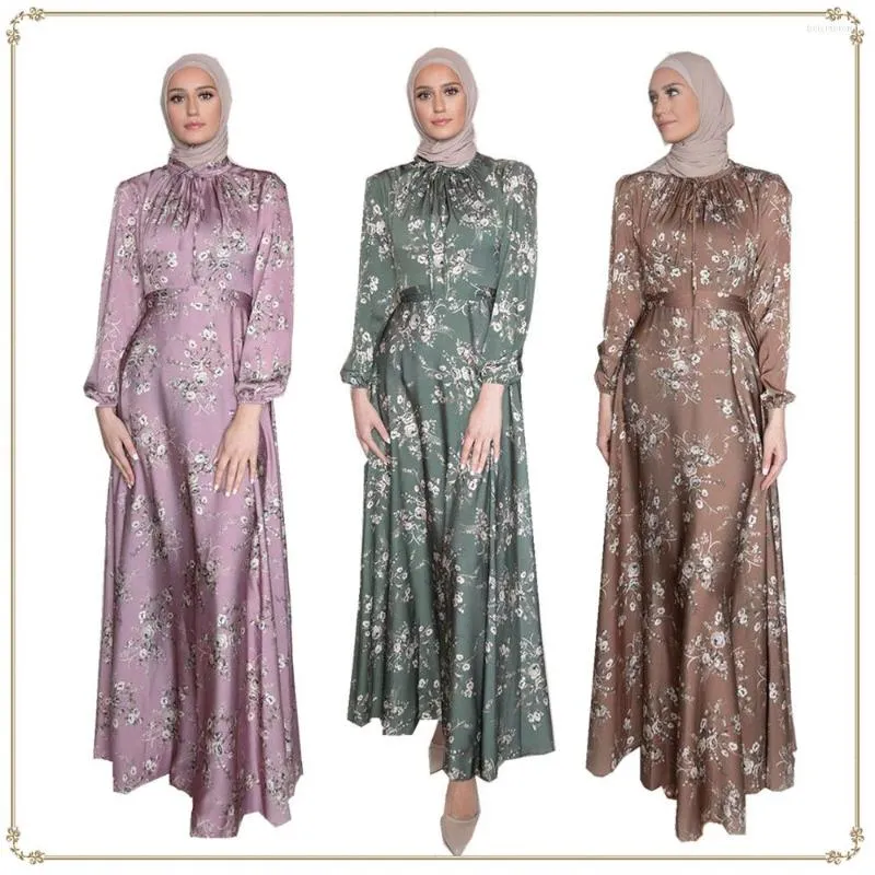 Vêtements ethniques Euramerican Dubai Robe imprimée en Satin tunique coupe ajustée femmes Swing élégant Robe élégante dames musulman pas de Hijab